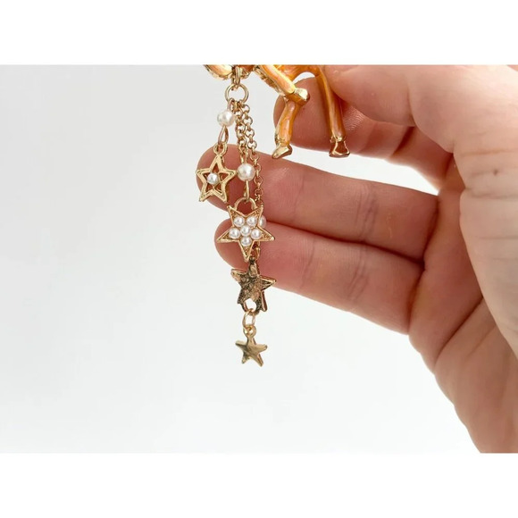 Gold Toned, Pink & Orange Enamel Vintage Faux Pearl Dangle Pegasus Horse Brooch - Picture 6 of 8